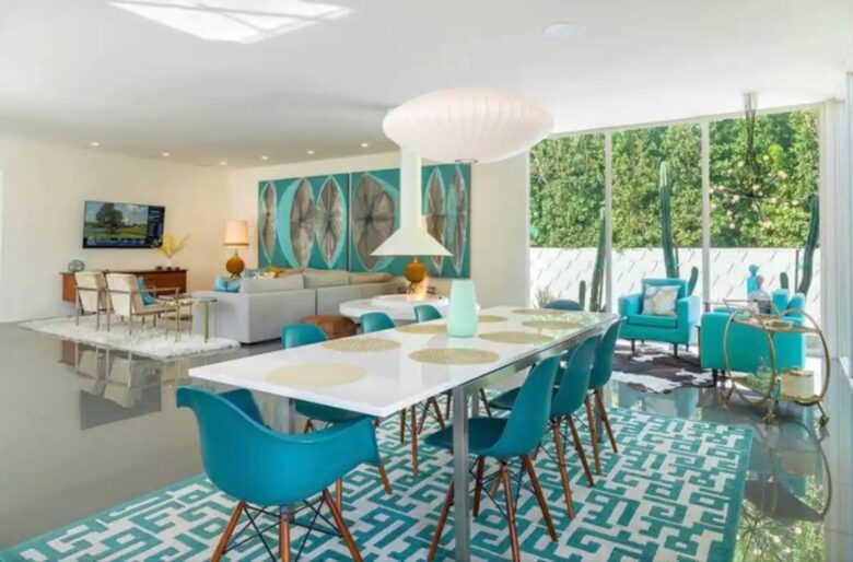 Home Exchange in Palm Springs, CA, dining table and living room