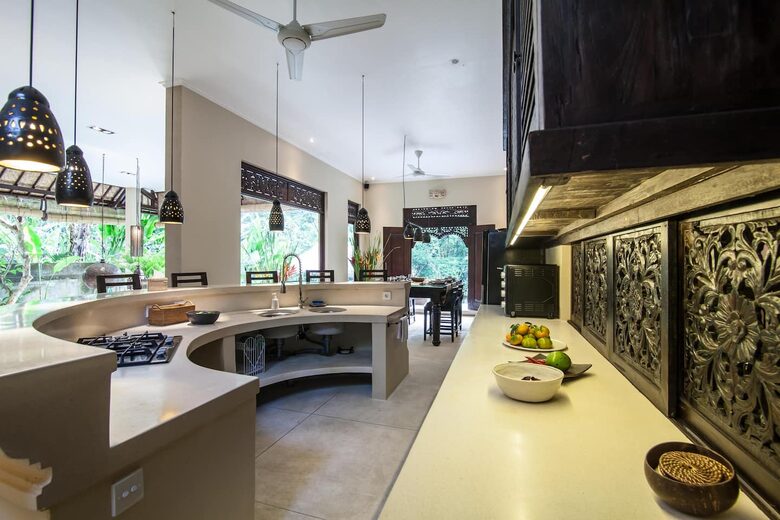 Home exchange in Ubud, Bali, kitchen with curved terrazzo counter