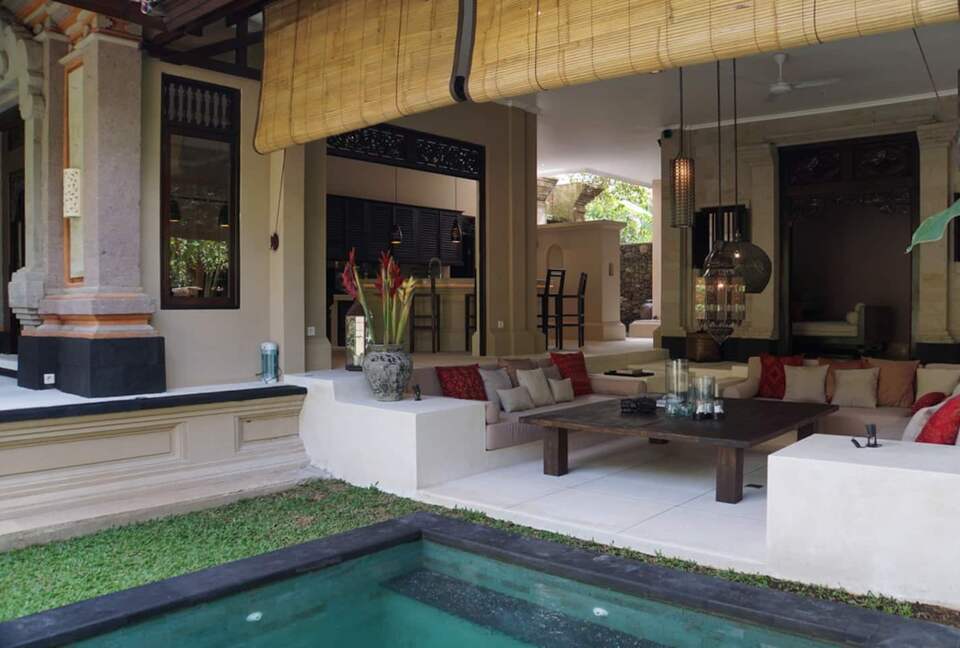 Home exchange in Ubud, Bali, looking from garden over pool to lounge