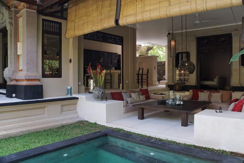 Home exchange in Ubud, Bali, looking from garden over pool to lounge