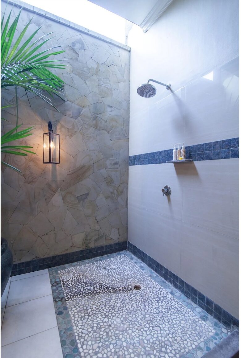 Home exchange in Ubud, Bali, open shower in family room bathroom