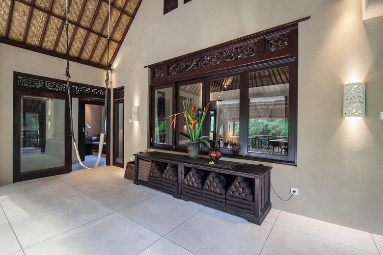 Home exchange in Ubud, Bali, yoga room with aerial silks