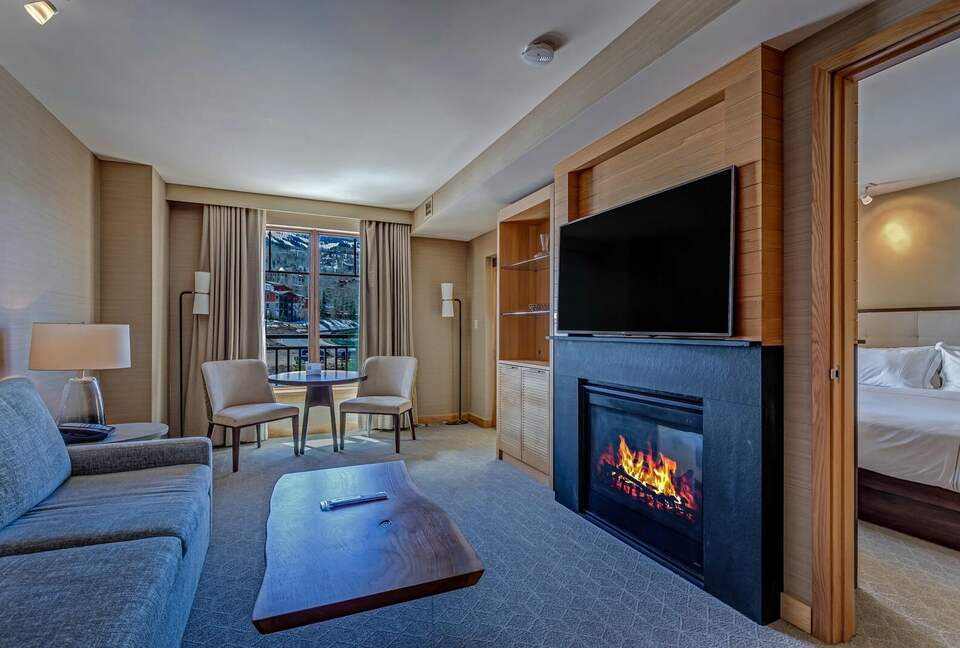Living room with fireplace and mountain views