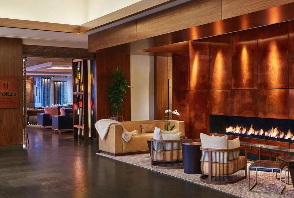 Cozy lobby with fireplace
