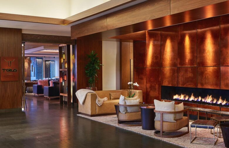 Cozy lobby with fireplace