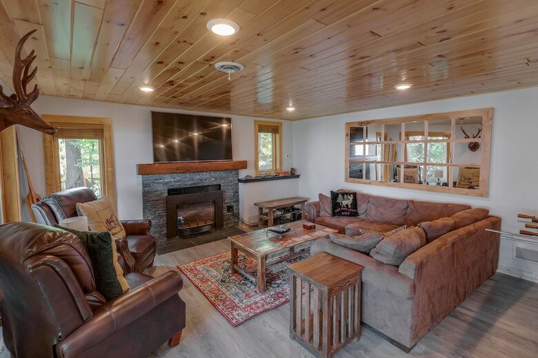 Home Exchange in Nisswa, MN, downstairs den with fireplace and TV