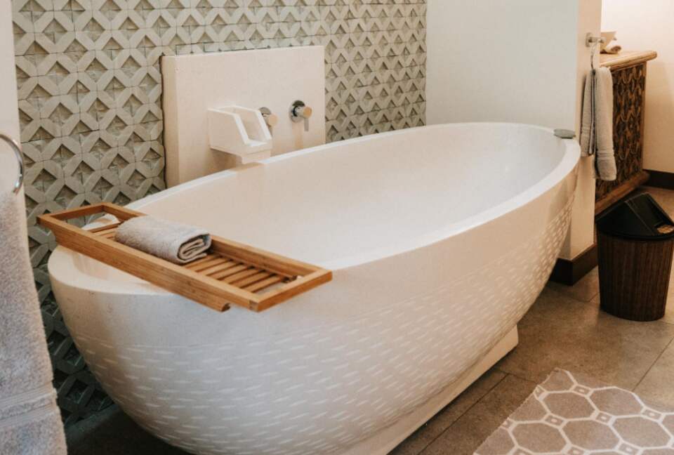 Soaker tub in beautiful bathroom