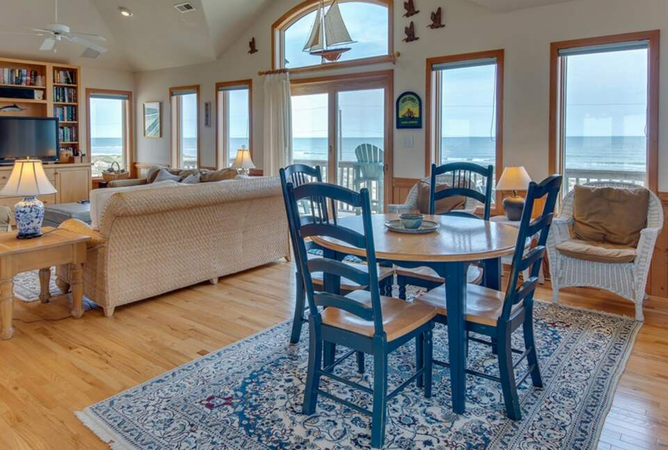 Large open living and dining room with amazing views