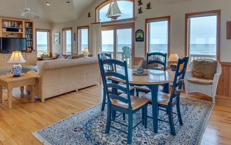 Large open living and dining room with amazing views