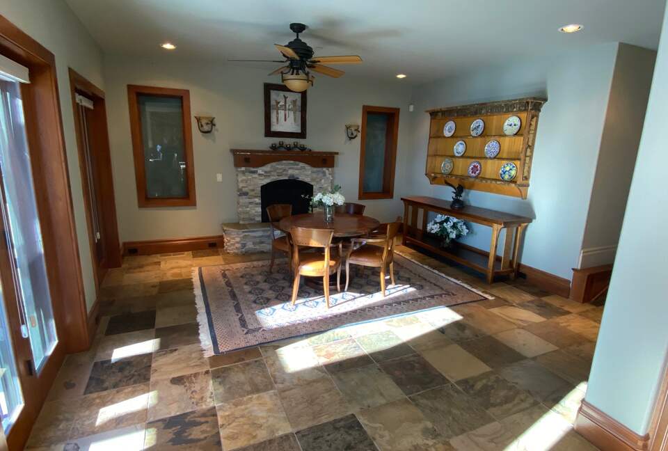 Home Exchange in Incline Village, NV, dining room with fireplace