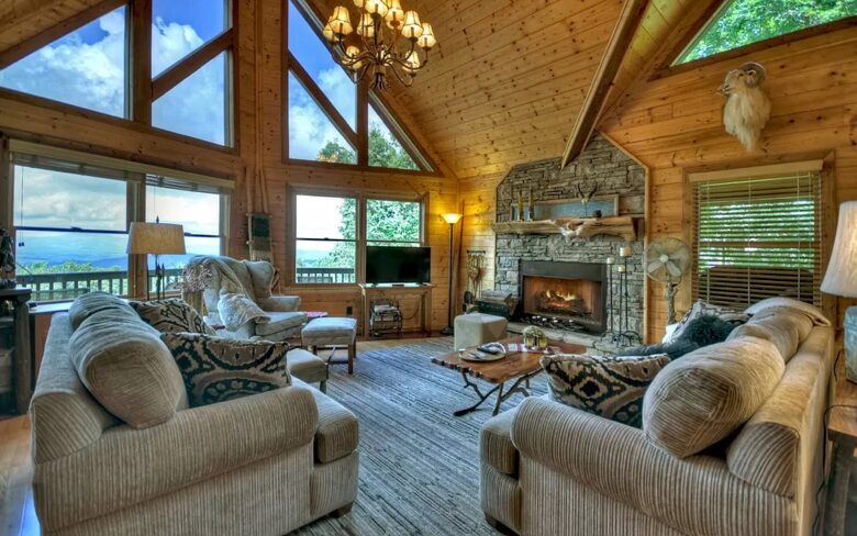 Home Exchange in Mineral Bluff, GA, living room with vaulted ceilings