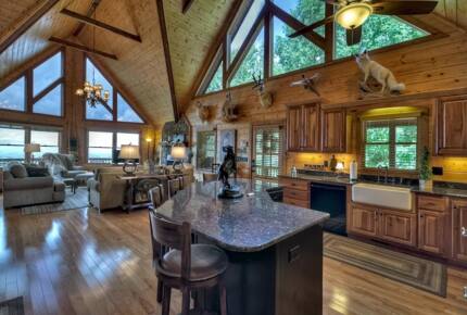 Home Exchange in Mineral Bluff, GA, vaulted cabin walls and windows