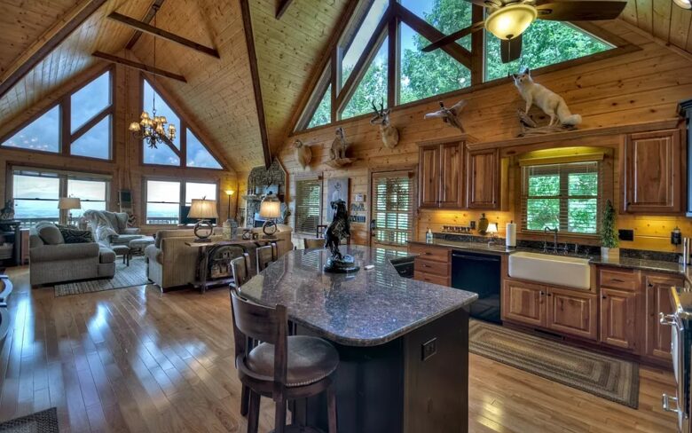 Home Exchange in Mineral Bluff, GA, vaulted cabin walls and windows