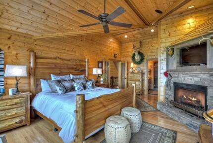 Home Exchange in Mineral Bluff, GA, master bedroom with fireplace