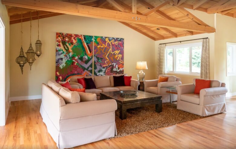 Living room with vaulted ceiling and exposed beams