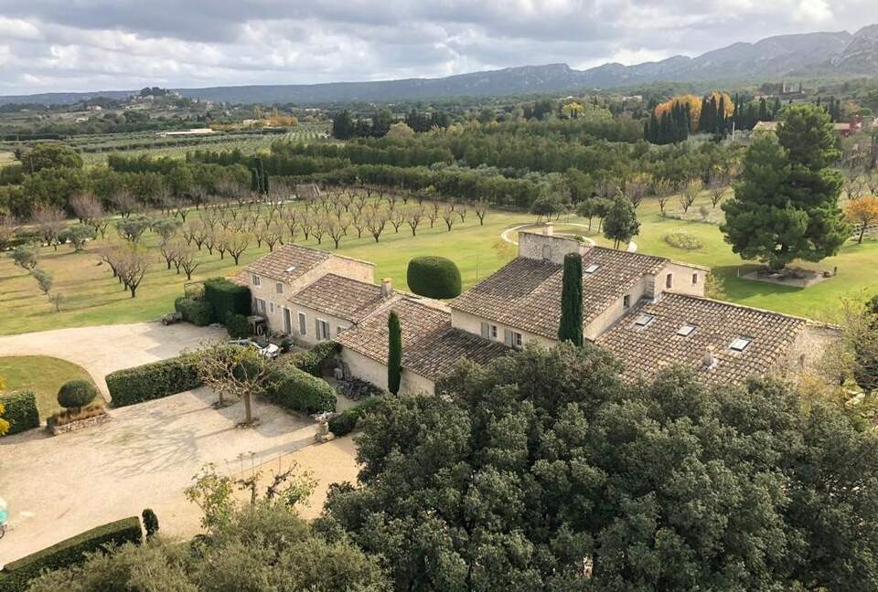 Overhead view of the house and the almond trees