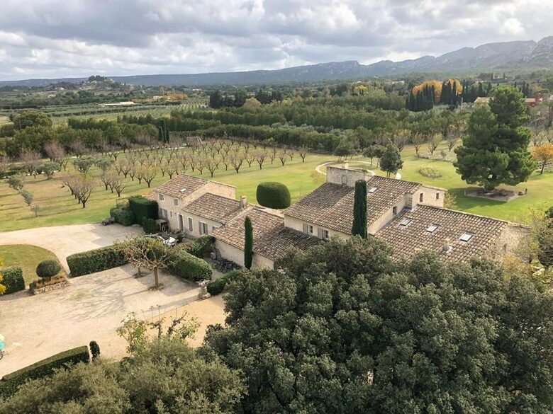 Overhead view of the house and the almond trees