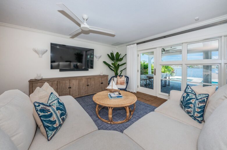 Open living room with gorgeous views of the water