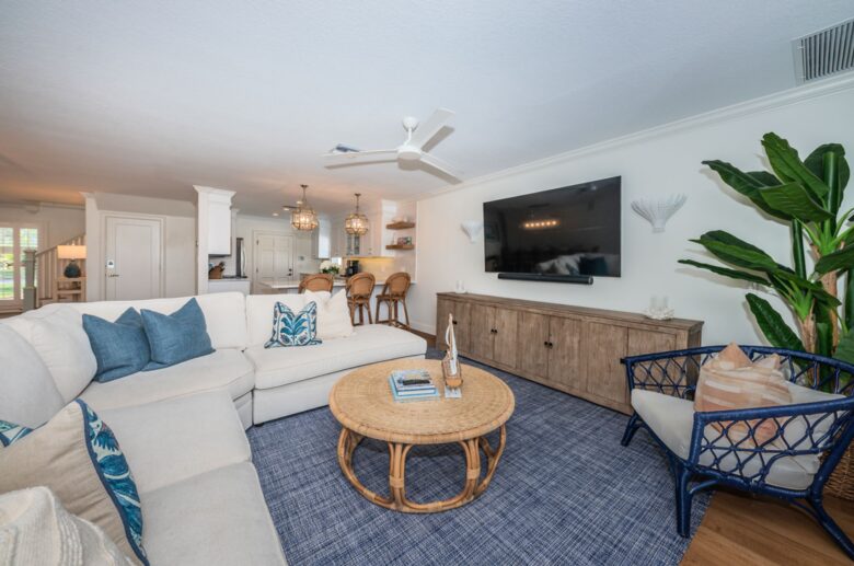 Open living room with gorgeous views of the water