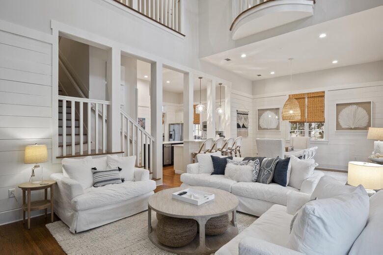 Open living room to kitchen and dining