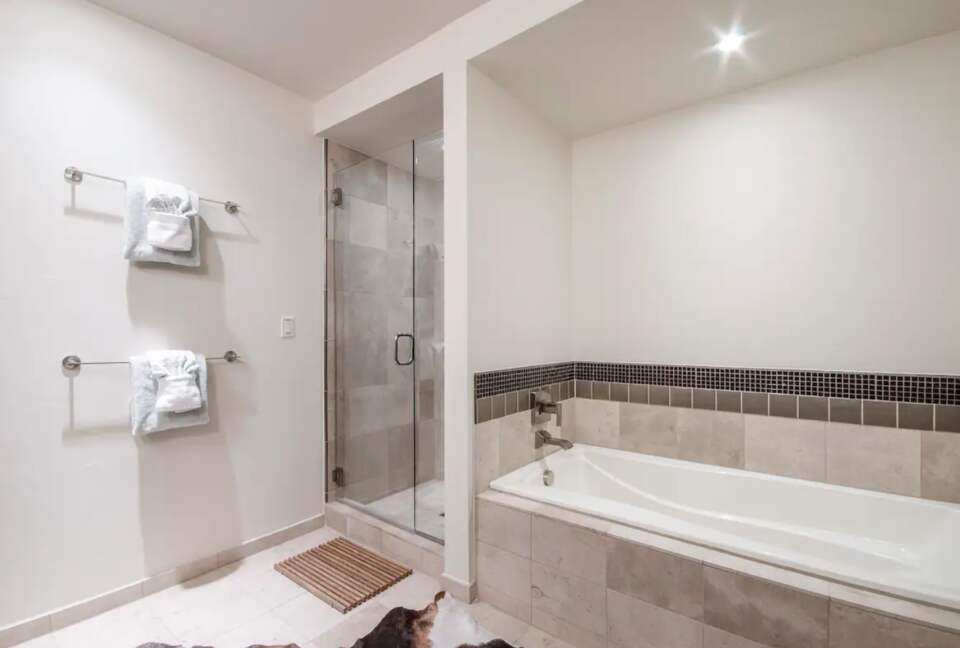 Master bathroom with walk-in shower and tub