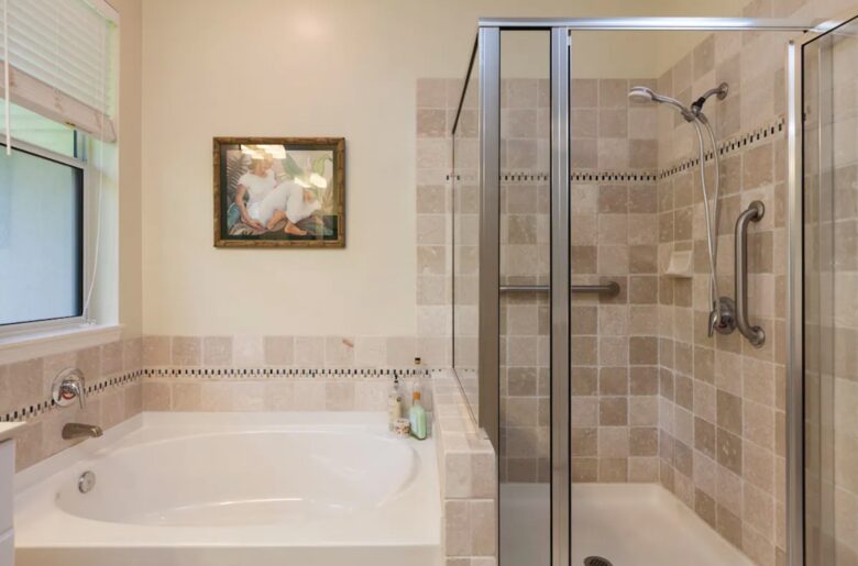 Master bathroom with walk-in shower and tub