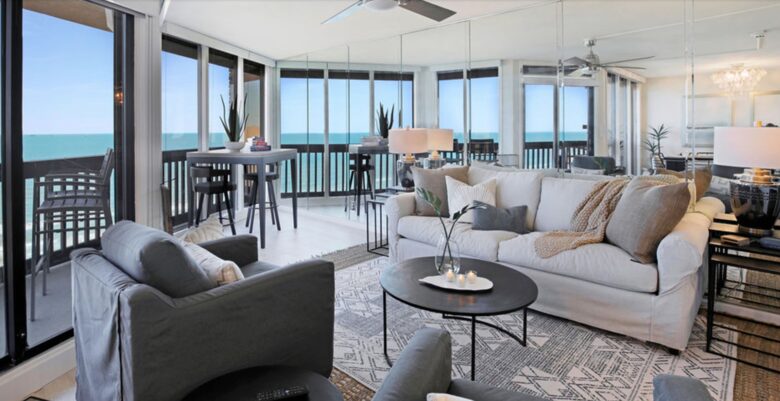 Open living room with gorgeous views of The Gulf