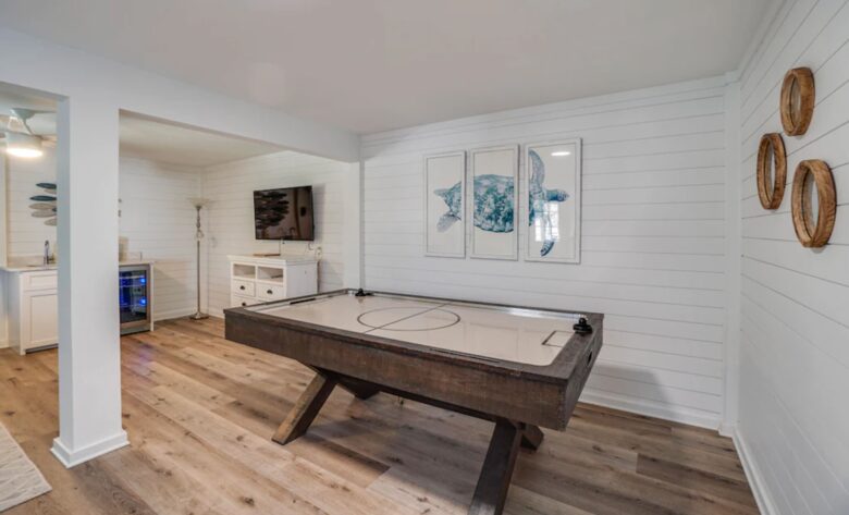 Basement playroom with air hockey and den