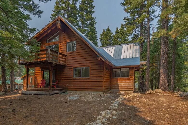 Home Exchange in Tahoma, CA, back view of the home with double decks