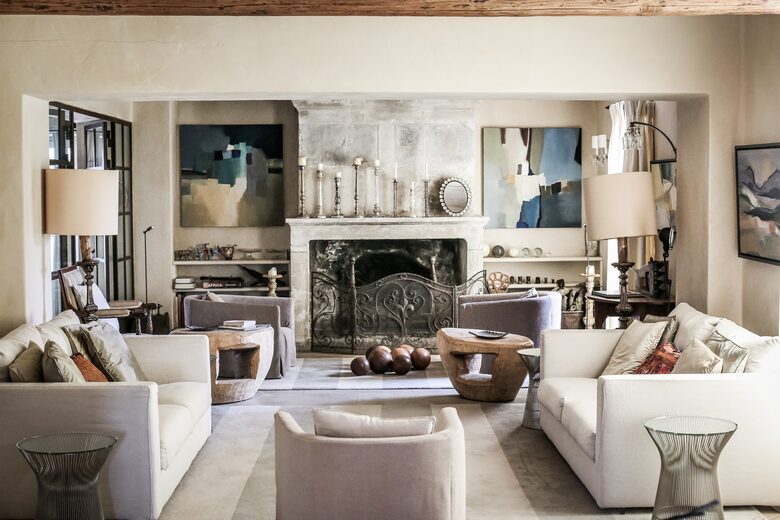 The living room and fireplace