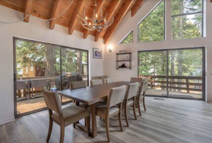 Home Exchange in Tahoma, CA, dining room with chandelier