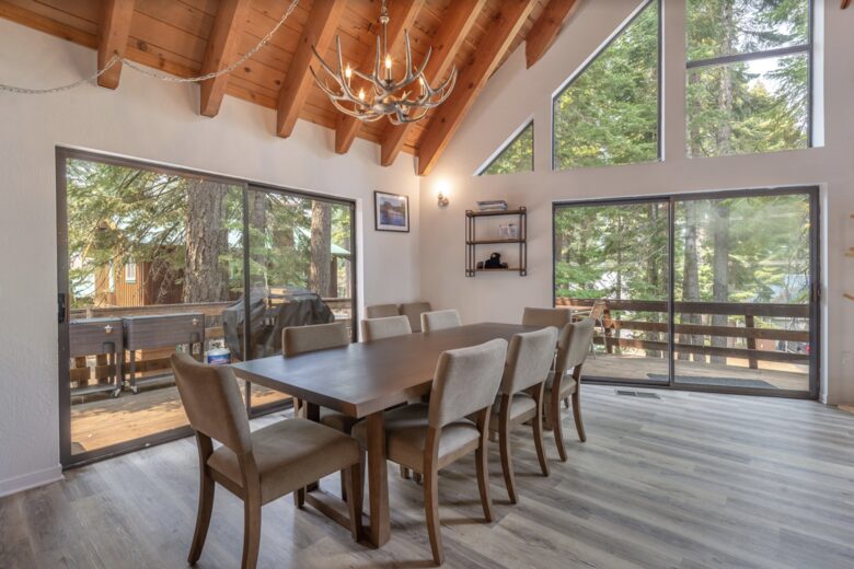 Home Exchange in Tahoma, CA, dining room with chandelier