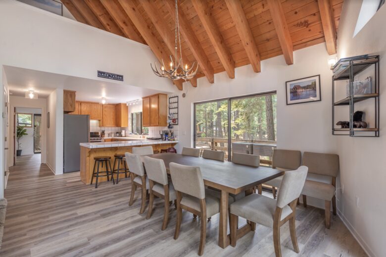 Home Exchange in Tahoma, CA, open concept living space with wood beams