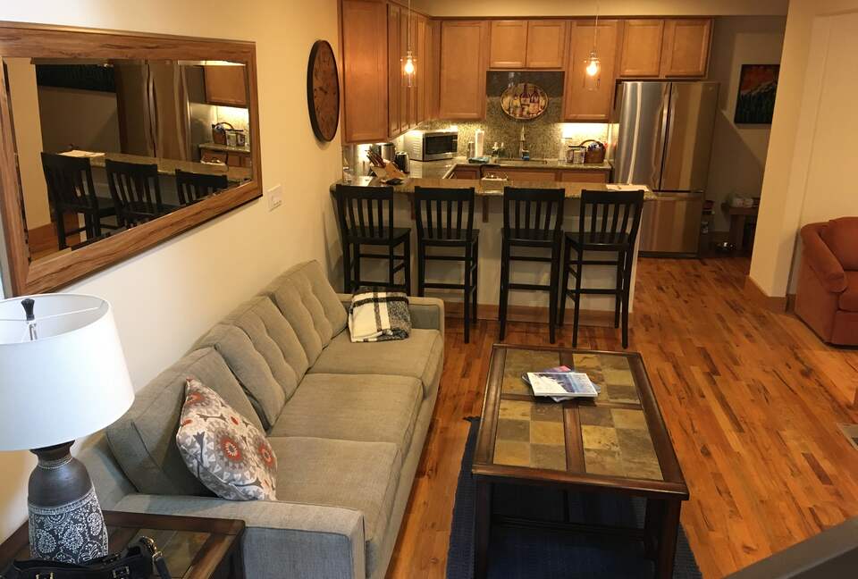 Lower floor family room and kitchen.