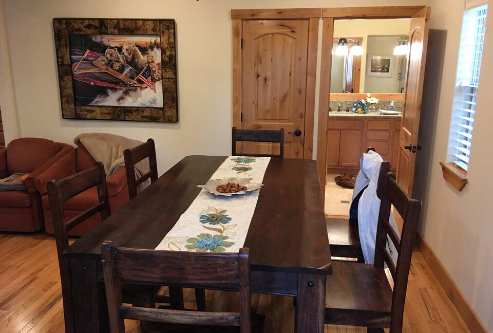 Dining room on lower floor, large bathroom and closet in back.