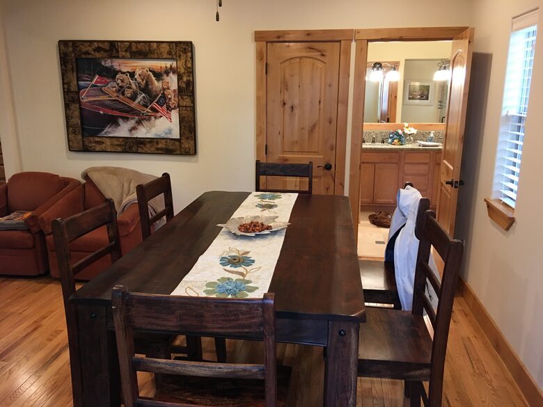 Dining room on lower floor, large bathroom and closet in back.