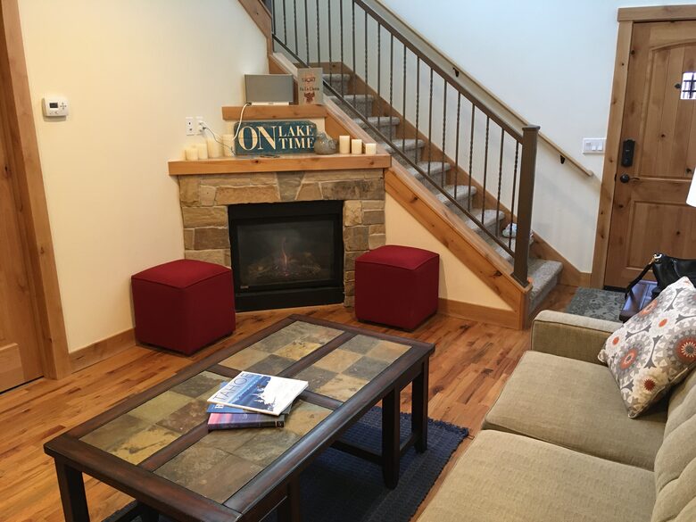 lower fireplace, 1/2 bath on right.