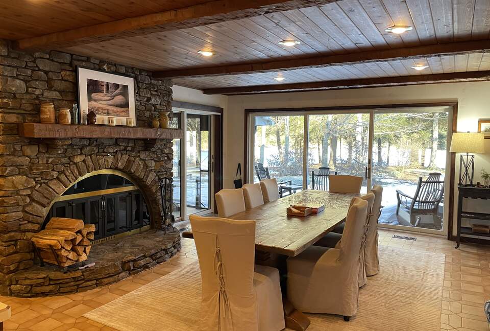 Home Exchange in Muncy Valley, PA, dining room with fireplace and view