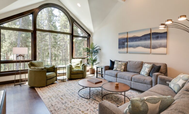 Massive great room with forest views