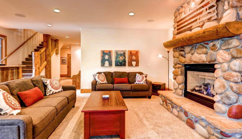 Lower level living room with fireplace