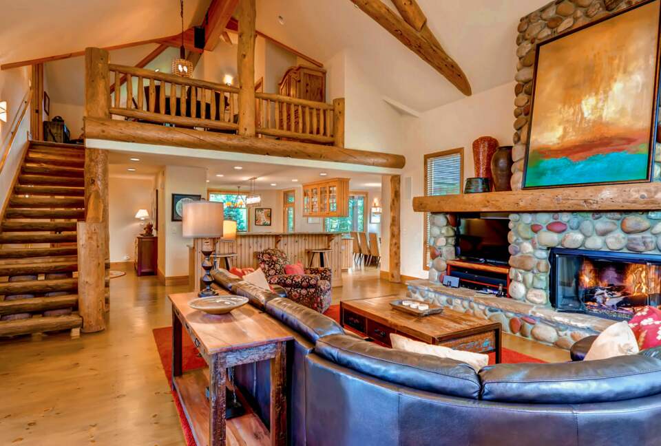 Open living room with fireplace