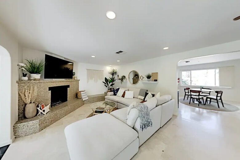Home Exchange in Palm Springs, CA cornered fireplace and clean lines