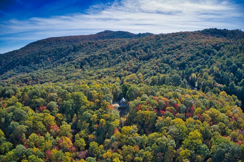 Home exchange in Fairview NC, aerial view of home and trees