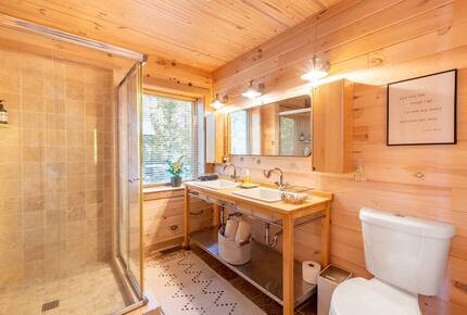 Home exchange in Fairview NC, downstairs bathroom with walk-in shower