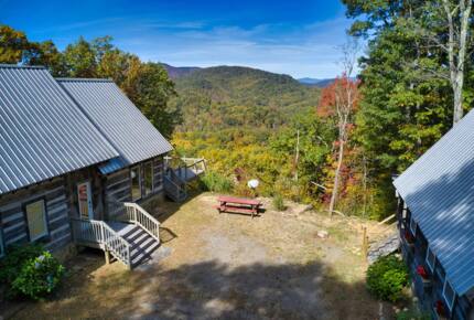 Home exchange in Fairview NC, cabin exterior overlooking foliage