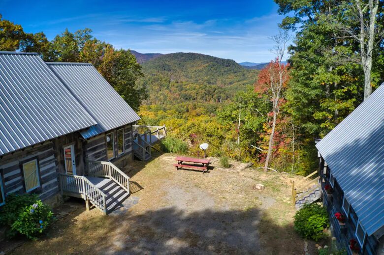 Home exchange in Fairview NC, cabin exterior overlooking foliage