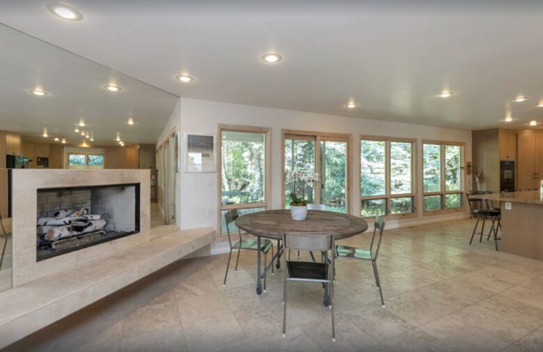 Open living with fireplace