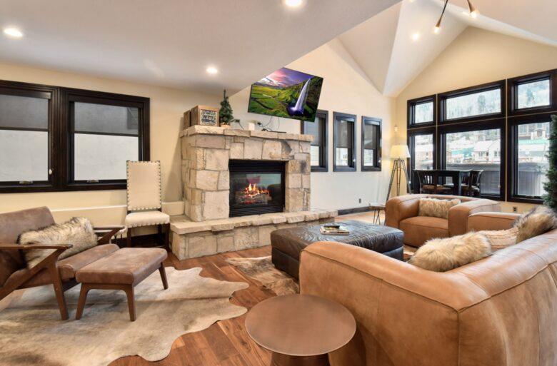 Open living room with fireplace