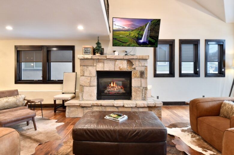 Open living room with fireplace