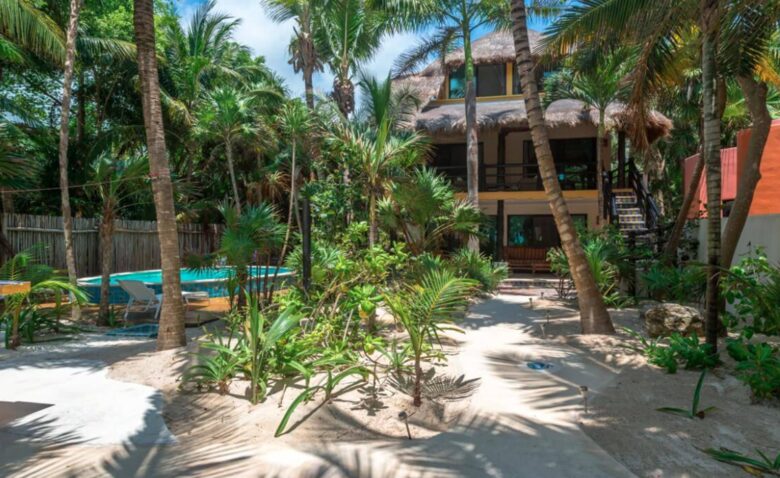 Exterior of home with palm trees and pool